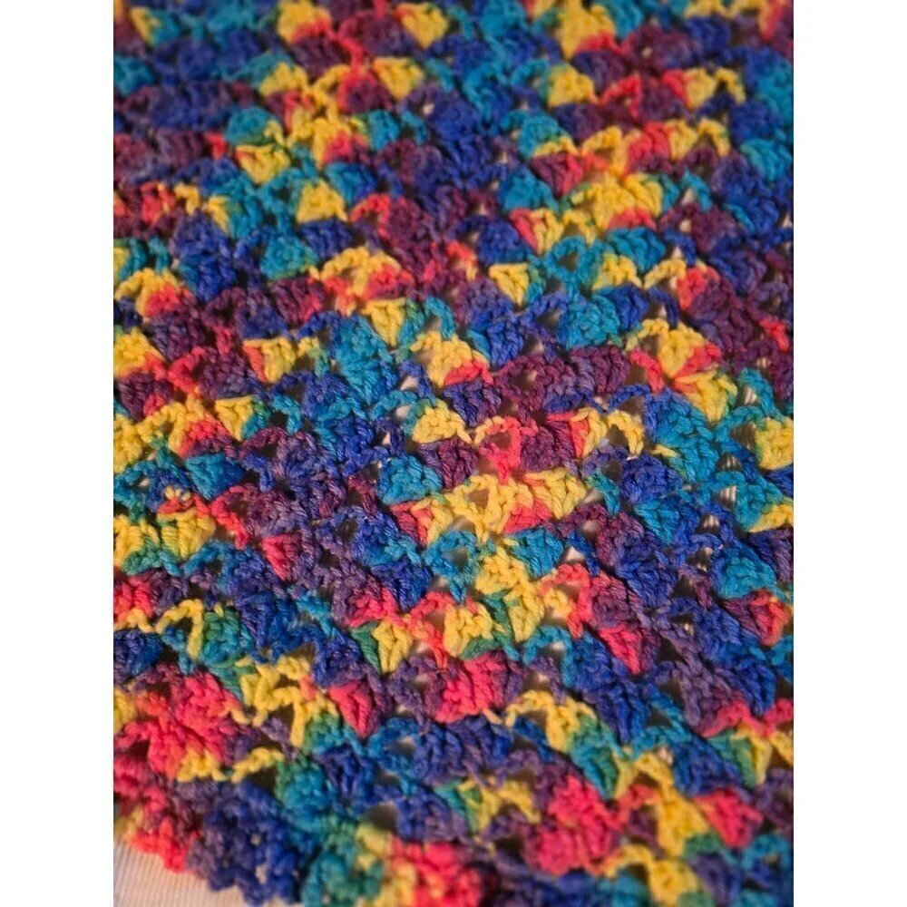 Vintage Handmade Colorful Knit Throw Blanket Pink Yellow Blue
